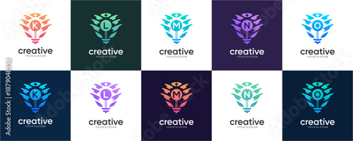Set of Letter K to O Lightbulb Monogram logo design inspirations. Abstract vector of Featuring Lettermarks and Glowing Bulb Wings. Creative colourful icon template.