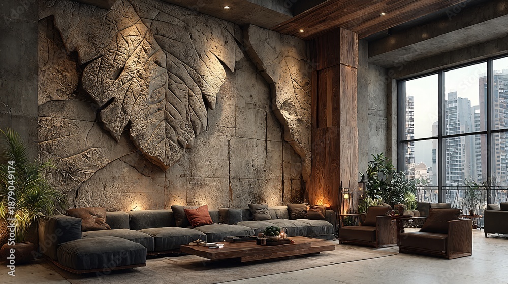 Fototapeta premium Modern Industrial Living Room with Leaf Wall Art and Cozy Seating
