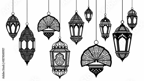 Set of Decorative Arabic Lanterns (Fanous) Silhouette.