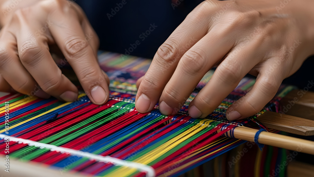 Obraz premium Hands Weaving Colorful Threads on Loom