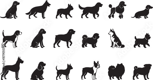 Vector set of black dog breed silhouettes and icons for pet design.