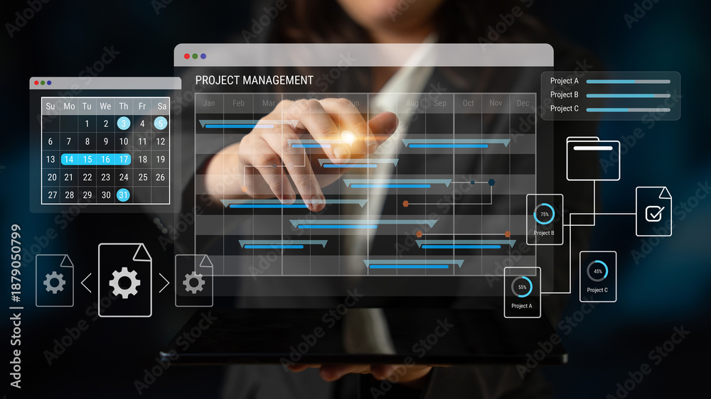 Fototapeta premium Project scheduling dashboard organizes timelines, tracks progress, and enhances collaboration for efficient workflow, helping teams manage multiple projects and improve productivity. Parse