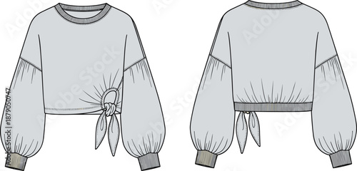 Light Grey Cropped Sweatshirt CAD Drawing Flat Vector Front and Back View Featuring Side Knot Tie Detail and Puff Balloon Sleeves Template