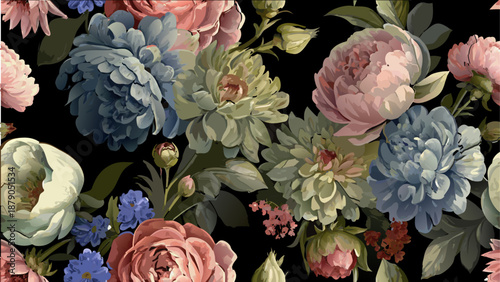 Dramatic floral vector pattern with various flowers in blue, pink, and orange on a rich black background for design, elegant fabrics, and luxurious home decor.