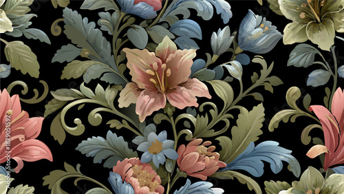 Dramatic floral vector pattern with various flowers in blue, pink, and orange on a rich black background for design, elegant fabrics, and luxurious home decor.