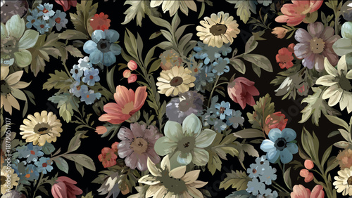Dramatic floral vector pattern with various flowers in blue, pink, and orange on a rich black background for design, elegant fabrics, and luxurious home decor.