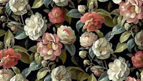 Dramatic floral vector pattern with various flowers in blue, pink, and orange on a rich black background for design, elegant fabrics, and luxurious home decor.