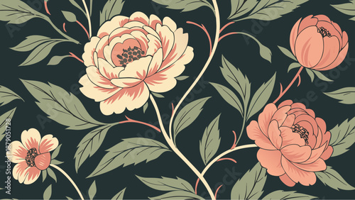 Dramatic floral vector pattern with various flowers in blue, pink, and orange on a rich black background for design, elegant fabrics, and luxurious home decor.
