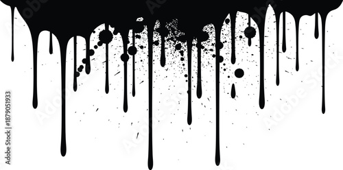 A black paint dripping down a white background with splatters and droplets