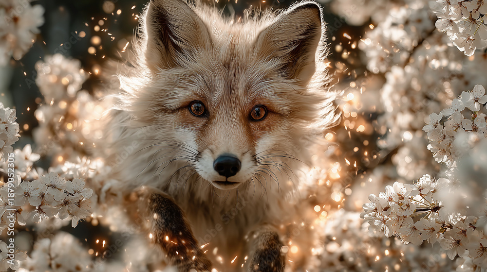 Obraz premium Beautiful fox emerging from blooming cherry blossoms in a vibrant spring landscape creates a magical fantasy scene