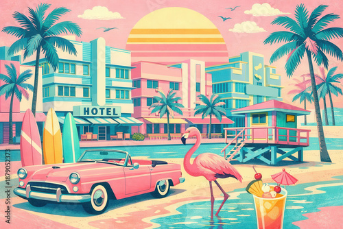 Miami collage in retro style in pastel pink, turquoise and yellow palette, featuring ocean drive art deco hotels, palm trees,  vintage car, flamingo, cocktail, surfboards and sunset,