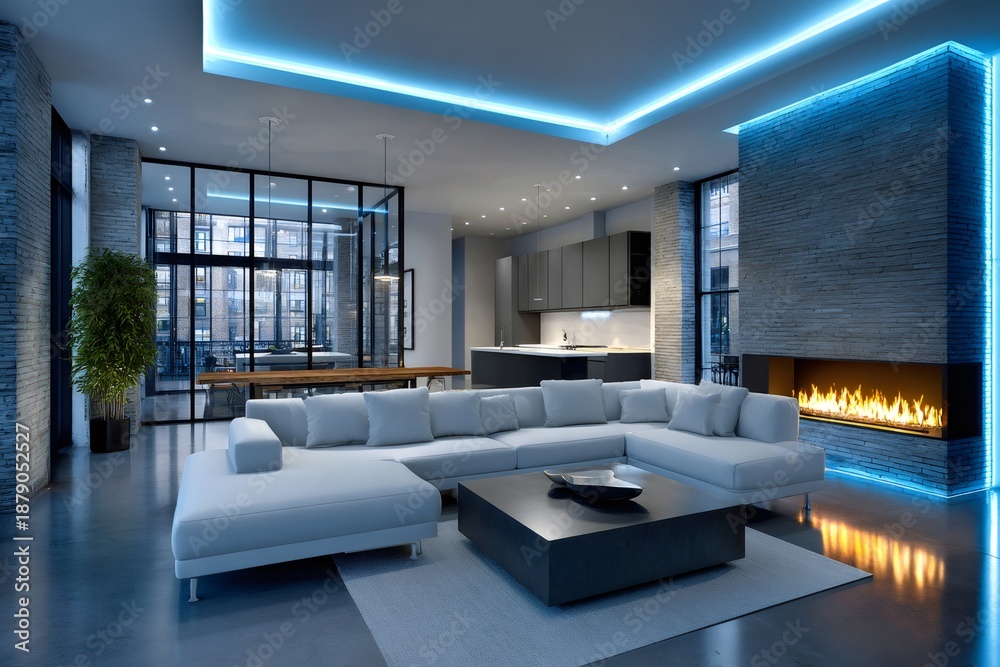 Fototapeta premium Modern penthouse living room with minimalist blue neon lighting