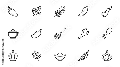 Set of 17 black outline icons featuring food ingredients like carrots, peppers, garlic, and cooking utensils such as whisks and pots.