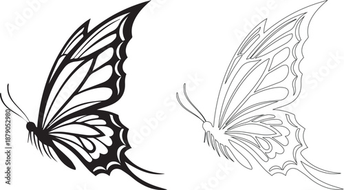 Black and white butterfly illustrations in different line styles