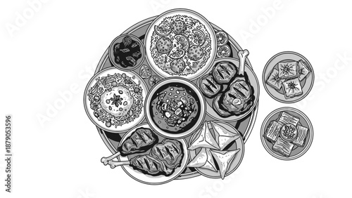 Top view of Arabic food platter with mandi rice, grilled chicken, and traditional middle eastern dishes