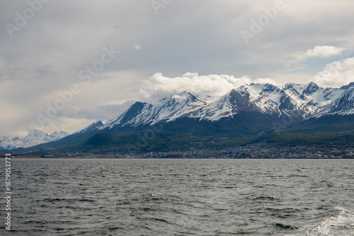 Scenic view of the Beagle Channel, the city of Ushuaia and the snow covered Martial mountains in Tierra del Fuego, Argentina