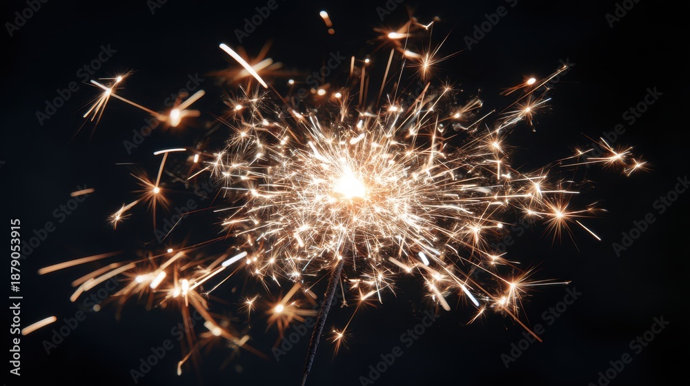 Fototapeta premium Bright sparkler exploding against dark background in night celebration.