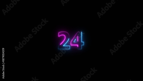 Glowing neon number 24 illustration . 24 number neon text black background illustration.