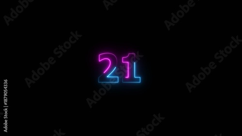 Glowing neon number 21 illustration . 21 number neon text black background illustration.
