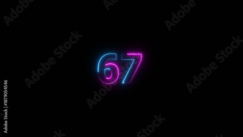Glowing neon number 67 illustration . 67 number neon text black background illustration.