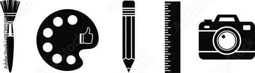 A collection of creative tools and icons for art and design on a white background