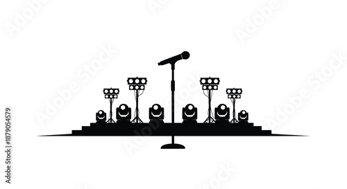A black silhouette of a microphone on a stage with spotlights against a white background
