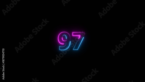 Glowing neon number 97 illustration . 97 number neon text black background illustration.
