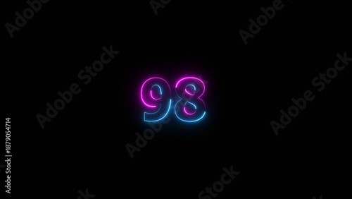 Glowing neon number 98 illustration . 98 number neon text black background illustration.