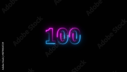 Glowing neon number 100 illustration . 100 number neon text black background illustration.