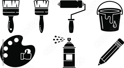 A collection of black and white icons representing various art supplies and tools.