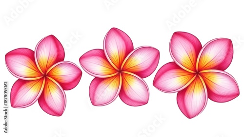 Three tropical pink and yellow frangipani plumeria flowers in a row isolated on white