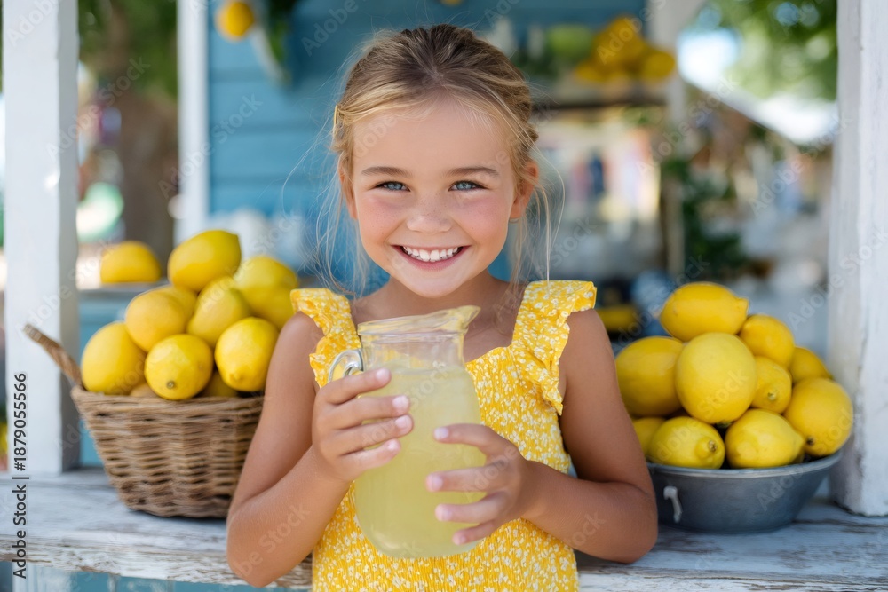 Obraz premium Happy girl holding lemonade pitcher at stand