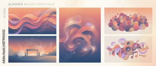 Vibrant summer music festivals showcasing colorful designs and lively gatherings in a captivating artistic display