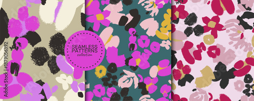 Set of seamless abstract floral vector patterns with modern organic shapes and expressive hand painted textures. Trendy contemporary collection inspired by playful artistic aesthetics