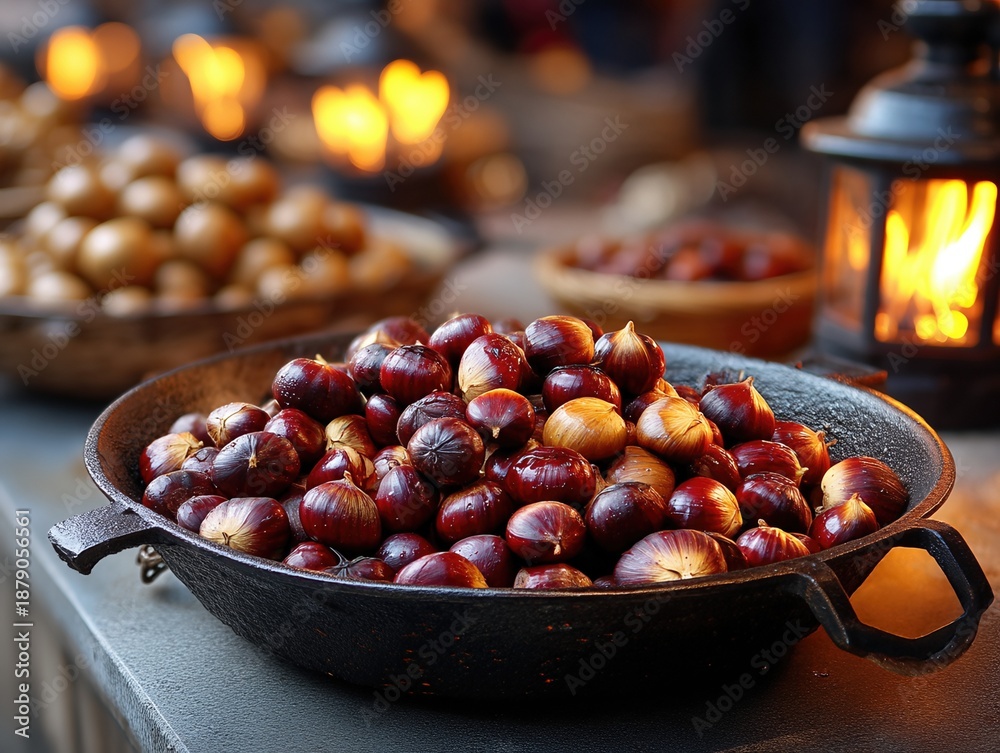 Obraz premium Rustic Cast Iron Pan Overflowing with Freshly Harvested Chestnuts, Warm Autumn Still Life, Cozy Seasonal Food Photography