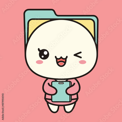 Cute cartoon character with pink cheeks holding a smartphone and winking
