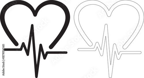 Heart rate line icons with pulse waveform in black and white