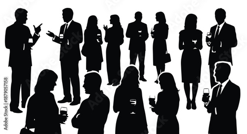 A group of business professionals in formal attire socializing and networking at an event