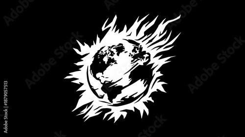 Dramatic graphic illustration of planet Earth in flames, symbolizing global warming, environmental crisis, climate change, and ecological disaster.