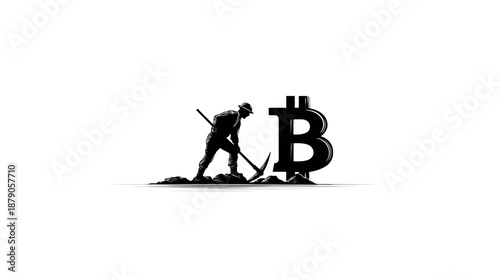 Conceptual illustration of a worker mining for digital assets, symbolizing effort, wealth creation, and virtual currency development.