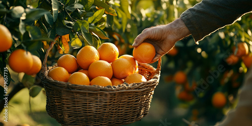 A farmer's hand is carefully selecting a ripe orange from a woven basket filled with fresh fruits in a sunlit orchard on a clear day