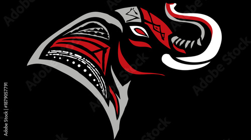 Tribal patterned elephant head illustration in striking red, white, and grey, featuring an ethnic animal design on black background.