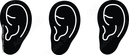 A set of black and white illustrations of human ears on a plain background