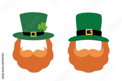 Template face leprechaun on st patrick s day clipart.
St Patrick's day leprechaun hat and beard costume  flat vector illustration set.
Leprechaun with Beard and Top Hat.
Transparent background.