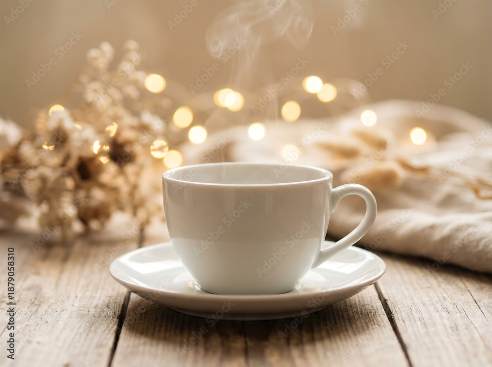 Fototapeta premium Hot cup of coffee with steam on wooden table with sparkling bokeh lights and dried flowers in cozy warm atmosphere.