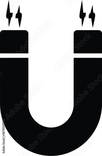 A black and white illustration of a horseshoe magnet with lightning bolts on a plain background