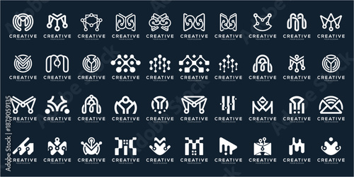 Set of letter M initial logo collection with Futuristic Network and Circuit Connectivity. Geometric abstract icon vector isolated on black background.