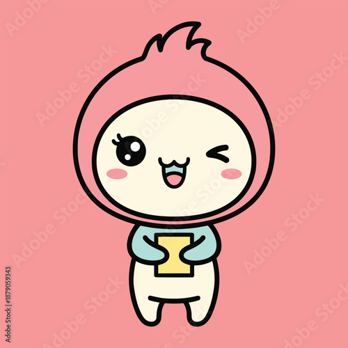 Cute cartoon tooth character with a blue shirt and yellow filling winking and smiling on a pink background