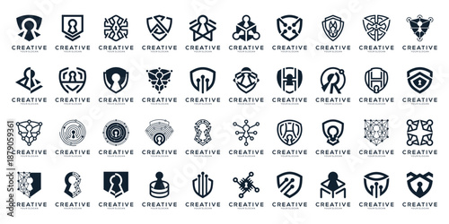 Set of Cyber Security logo collection with shield and keyhole for IT Security and Software Protection. Geometric abstract icon vector isolated on white background.