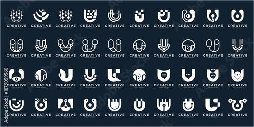 Set of Modern Letter U with Technology Logo Design. Abstract Geometric vector for Business, Tech, and Software Industry. Creative icons Isolated on black background.